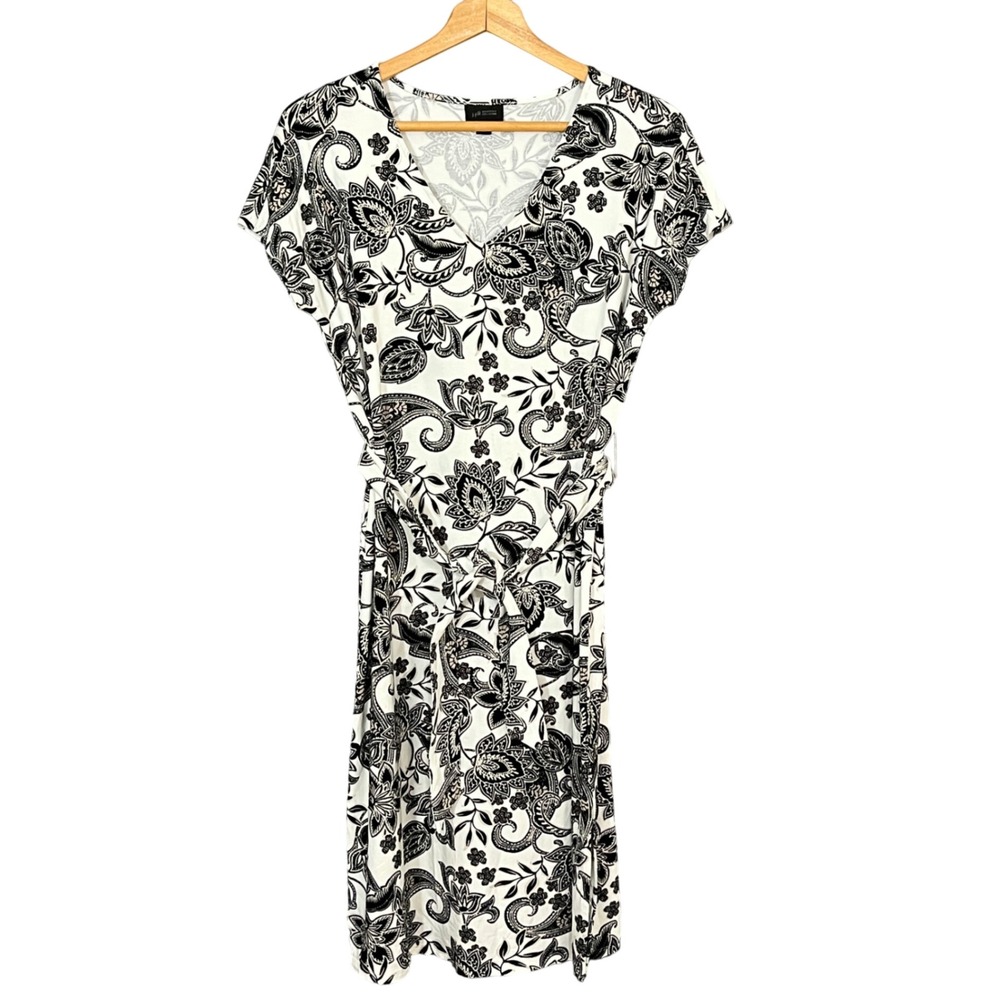 J Jill Wearever Collection Women's S Petite Wrap Midi Dress Boho‎ Paisley Black